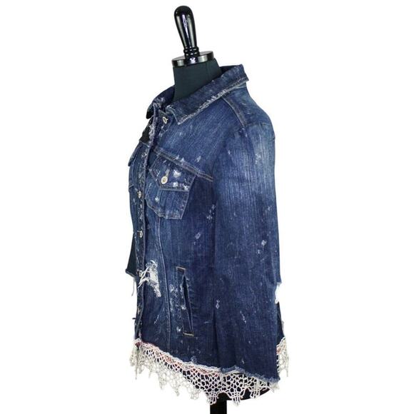 Tommy Hilfiger Embellished Distressed Denim Jacket Crochet Lace Y2K XL - Picture 2 of 4
